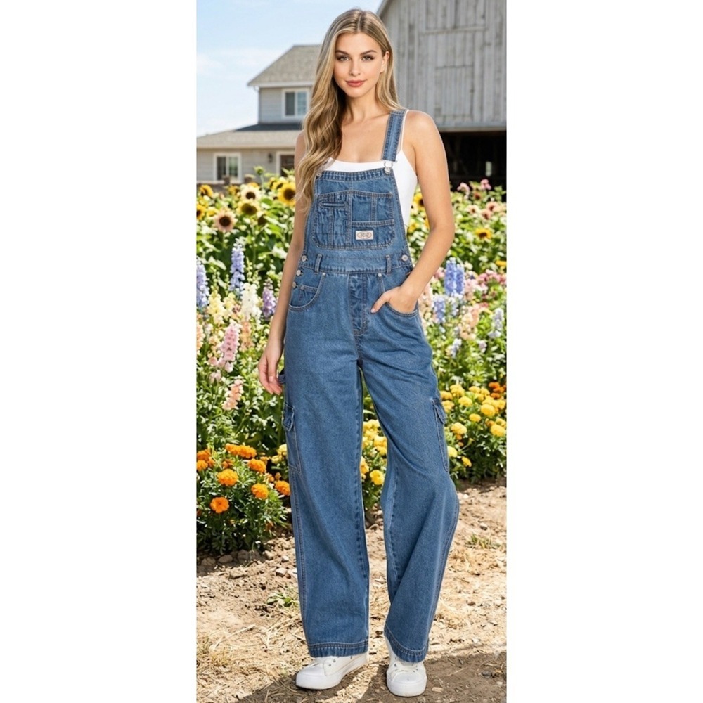 Lana Roux Women's Small blue Denim Overalls 90's Retro Dungaree Utility Cargo